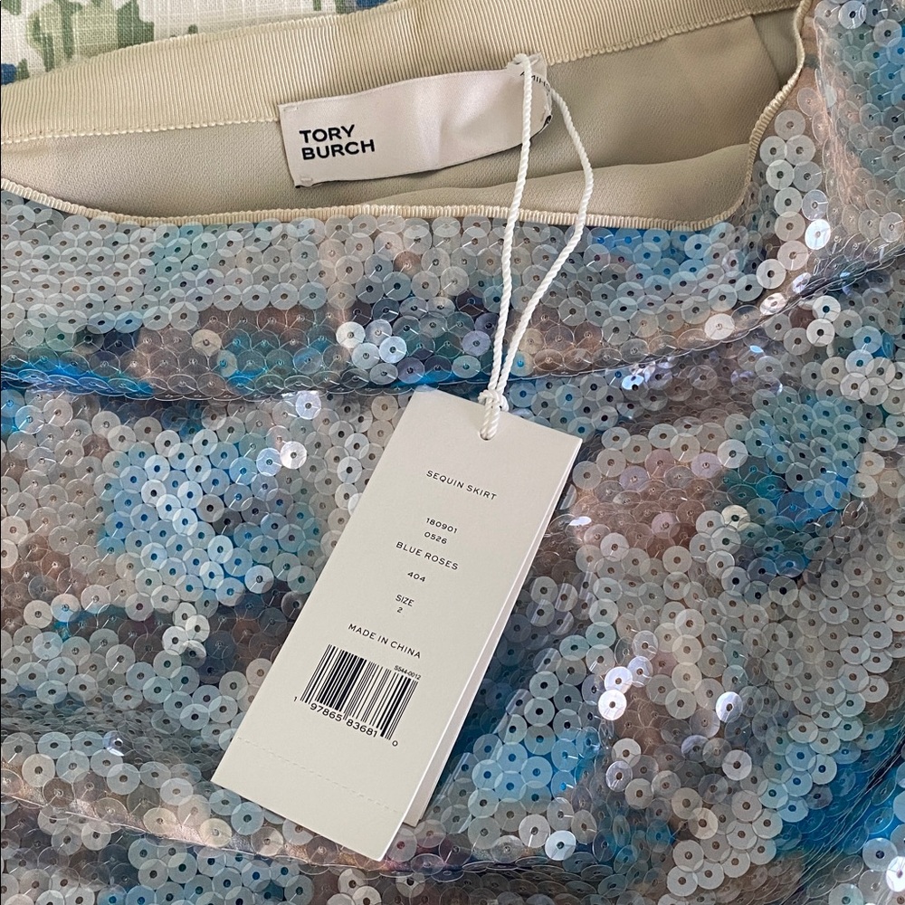NWT Tory Burch Sequin Floral Skirt in Blue Roses - Picture 4 of 7